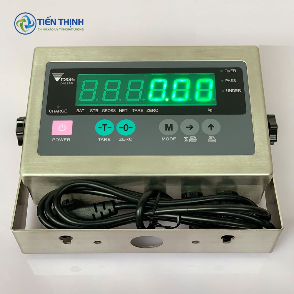 Màn hình cân điện tử DIGI, vỏ kim loại sáng bóng, hiển thị số màu xanh lá.