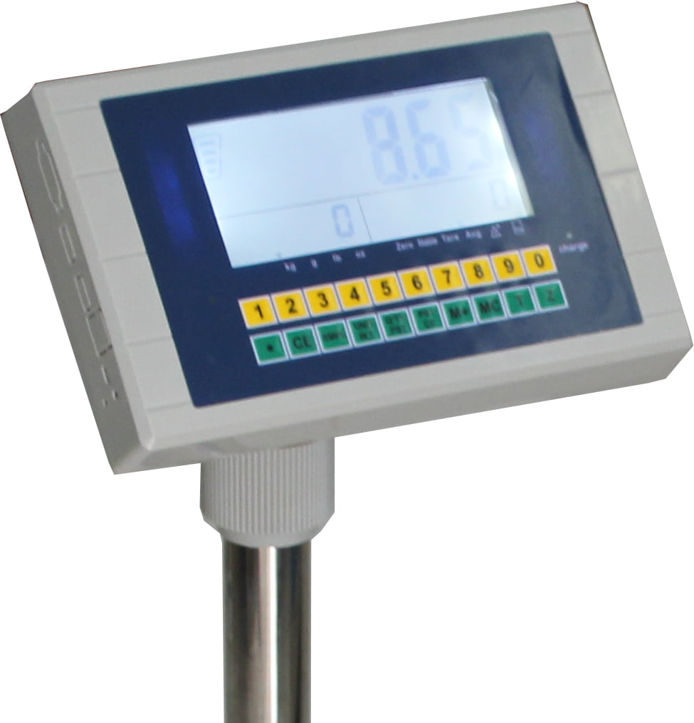 Màn hình cân điện tử với các phím số màu vàng, trắng.