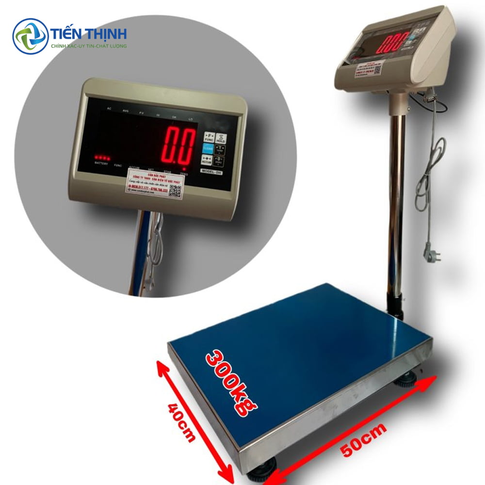 Cân điện tử sàn 300kg, thiết kế chắc chắn, hiển thị số rõ ràng.