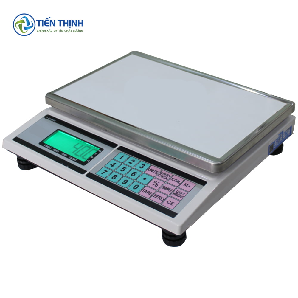 Cân điện tử mặt phẳng inox, thiết kế hiện đại, có bàn phím số.