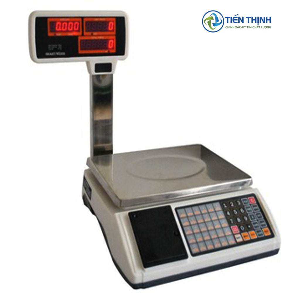 Cân điện tử bán hàng có màn hình hiển thị và bàn phím số.