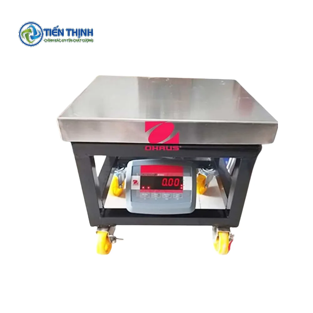 Cân điện tử công nghiệp, thiết kế chắc chắn, có bánh xe di chuyển tiện lợi.