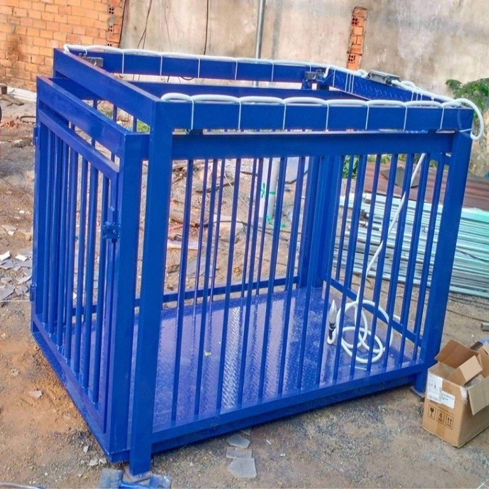 Chuồng chó bằng sắt màu xanh dương, có khóa an toàn và hệ thống ống nước.