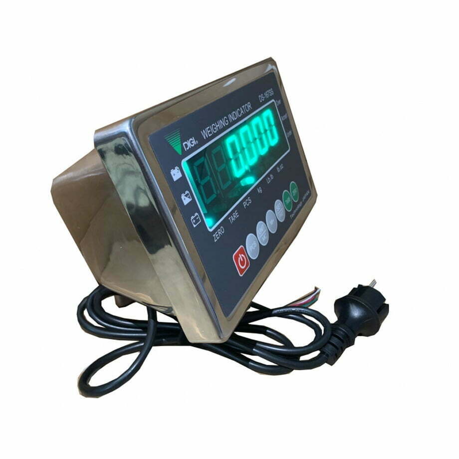 Màn hình cân điện tử inox, hiển thị số màu xanh lá cây rõ ràng.