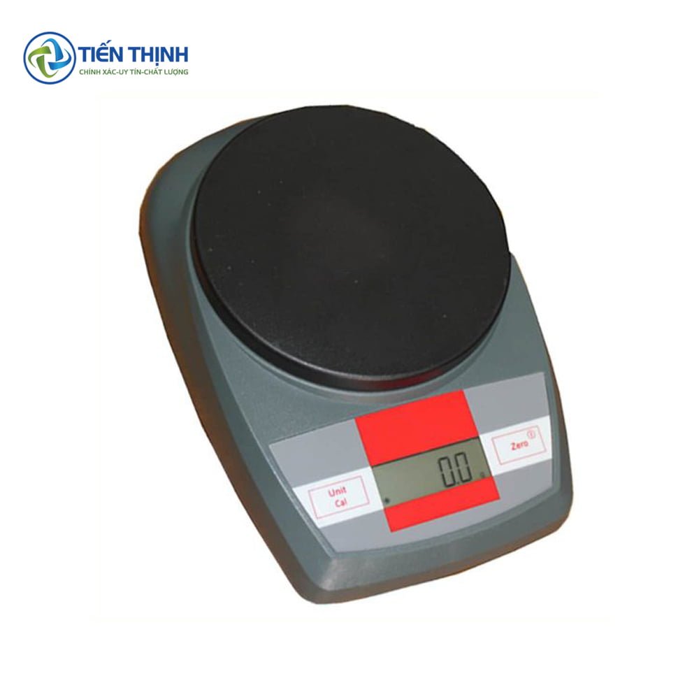 Cân điện tử nhỏ gọn, mặt đen, màn hình đỏ, dùng trong gia đình.