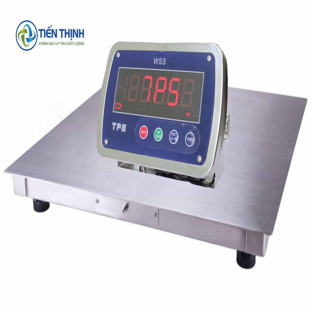 Cân điện tử sàn inox với màn hình hiển thị số lớn, hiện đại.