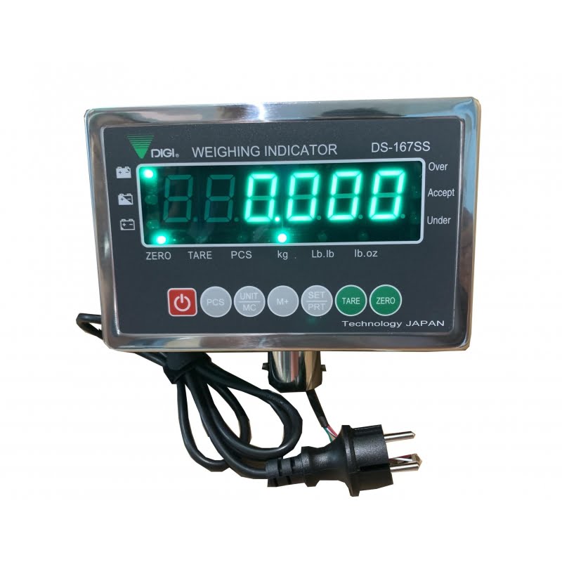 Màn hình cân điện tử DS-167SS hiển thị số màu xanh lá cây, nền đen.