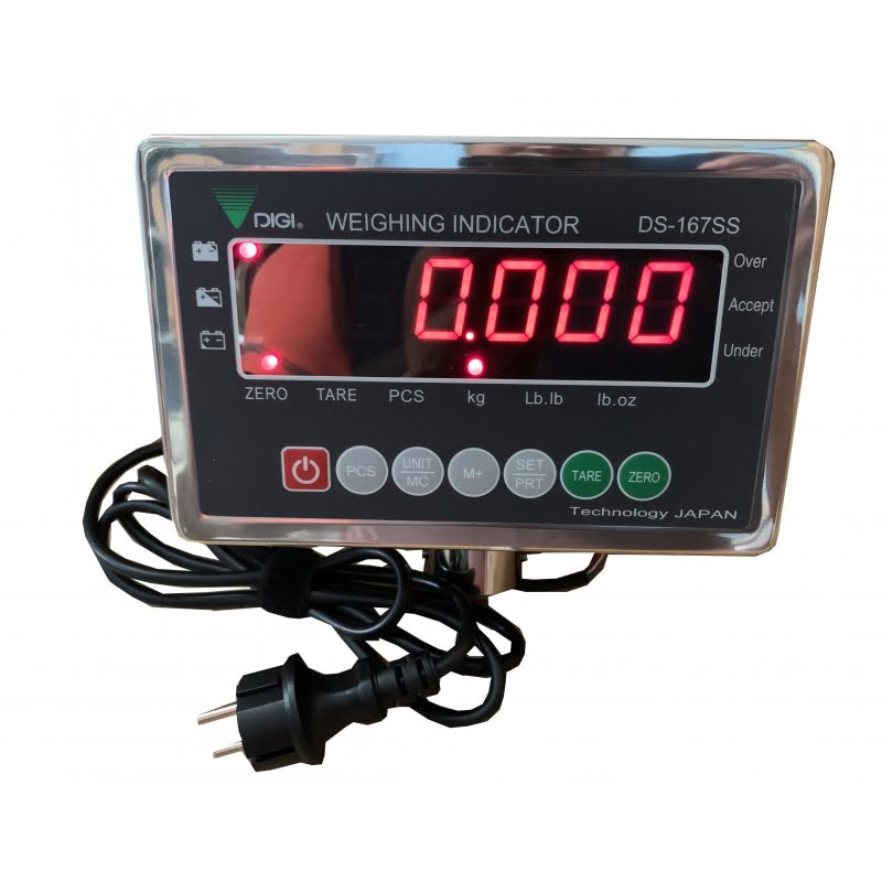 Đồng hồ hiển thị cân điện tử với các nút chức năng và dây nguồn.