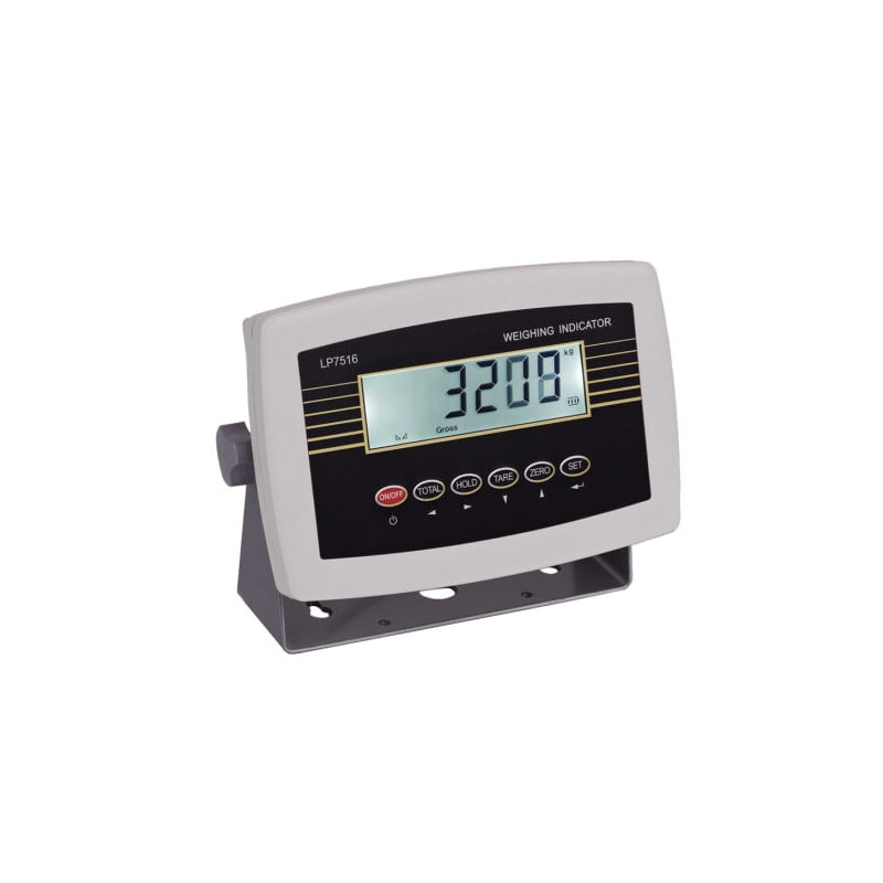 Màn hình hiển thị cân điện tử, màu trắng, có các nút điều khiển phía dưới.