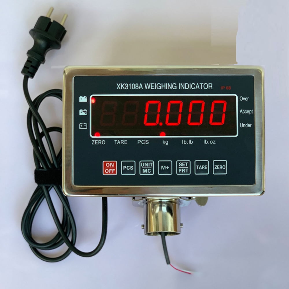 Chỉ thị cân điện tử Xk3108A hiện số màu đỏ, có dây điện đen.