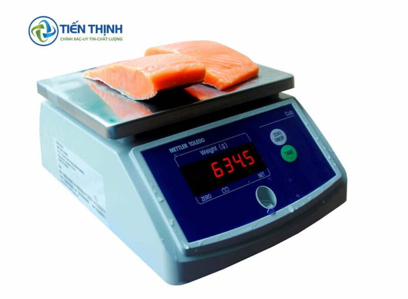 Cân điện tử màu xám đang cân hai miếng cá hồi tươi ngon.