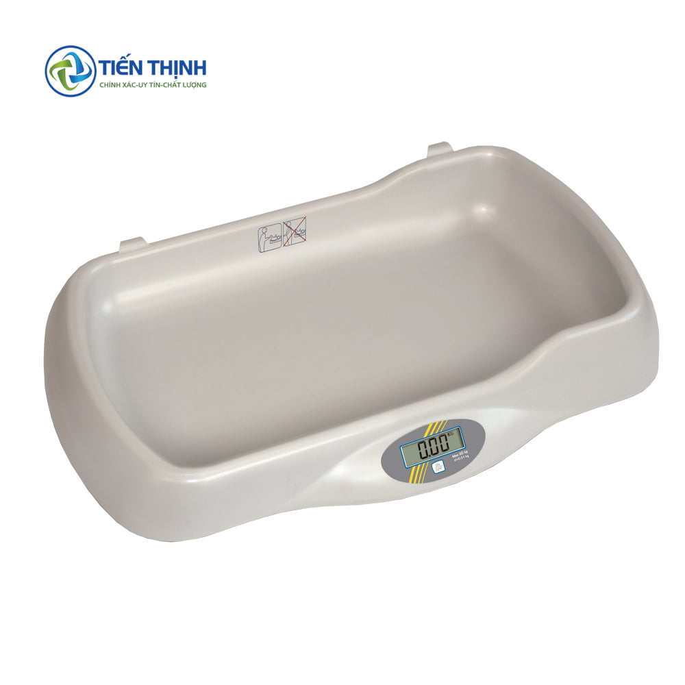 Cân điện tử sơ sinh màu trắng, thiết kế lõm để đảm bảo an toàn.