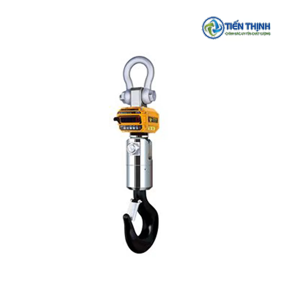 Tời kéo xích điện với móc treo và hộp điều khiển màu vàng.