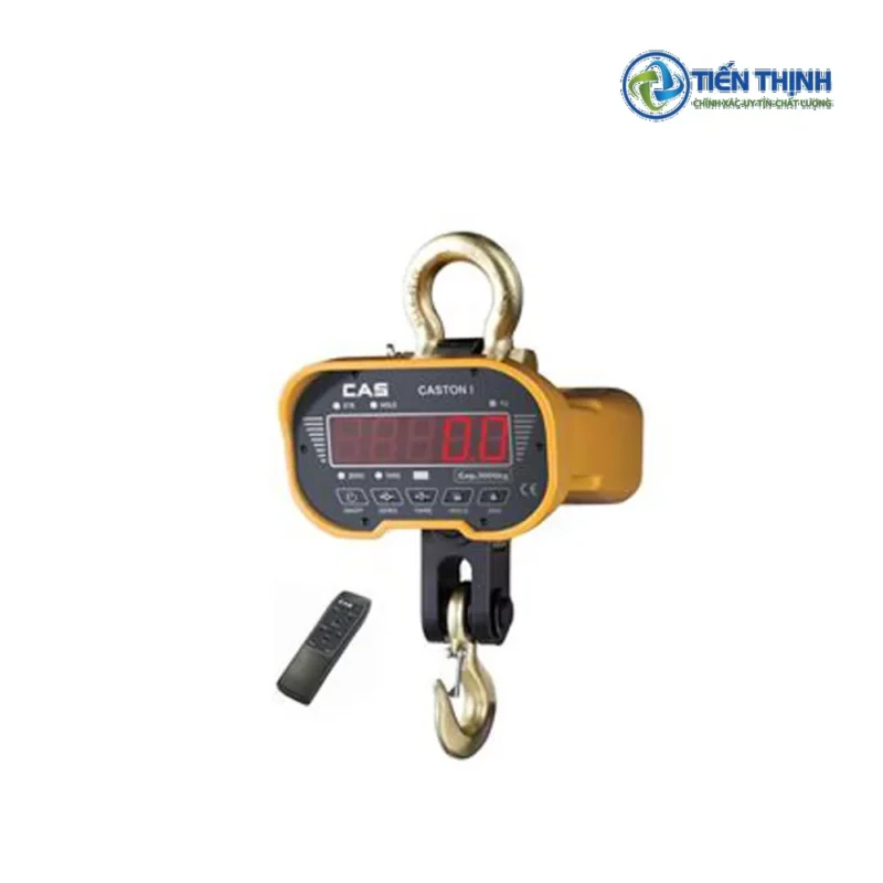 Cân treo điện tử Caston 1 vàng, có móc treo và hiển thị số rõ ràng.
