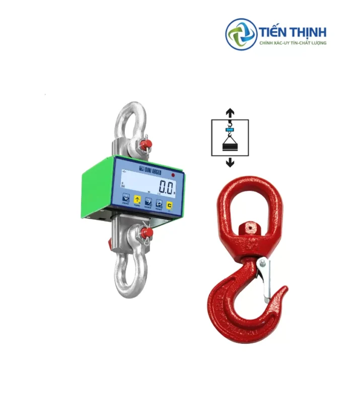 Cân treo điện tử màu xanh lá cây với móc treo kim loại chắc chắn.