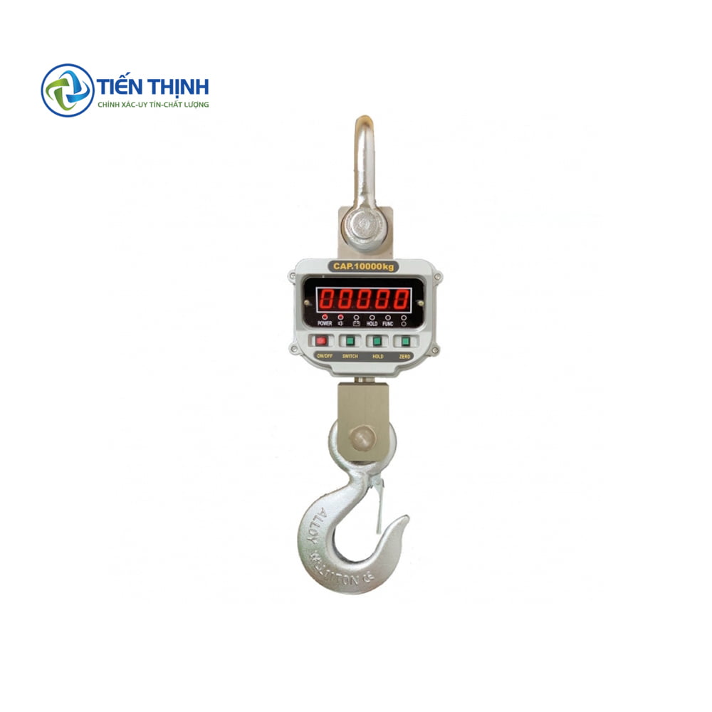 Cân treo điện tử với màn hình số đỏ, móc treo kim loại chắc chắn.