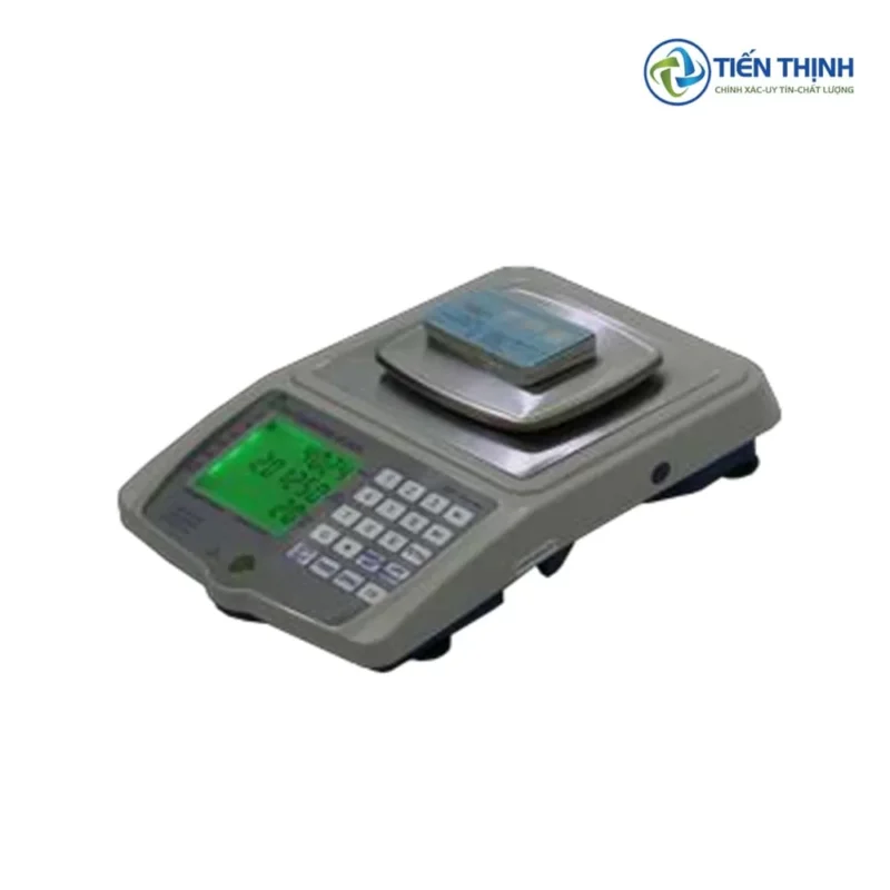 Máy POS cầm tay màu xám, màn hình hiển thị số và bàn phím số.