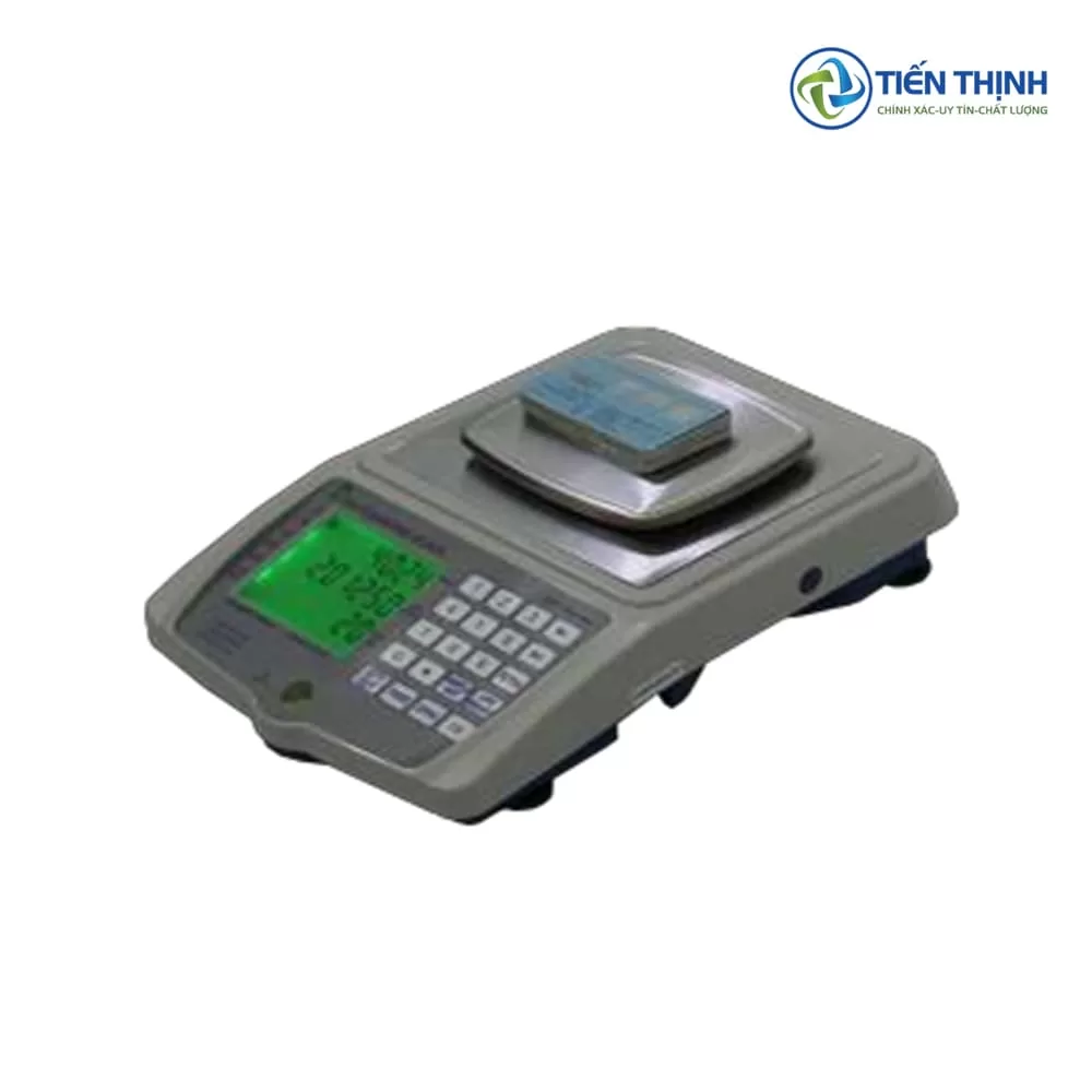 Máy POS cầm tay màu xám, màn hình hiển thị số và bàn phím số.