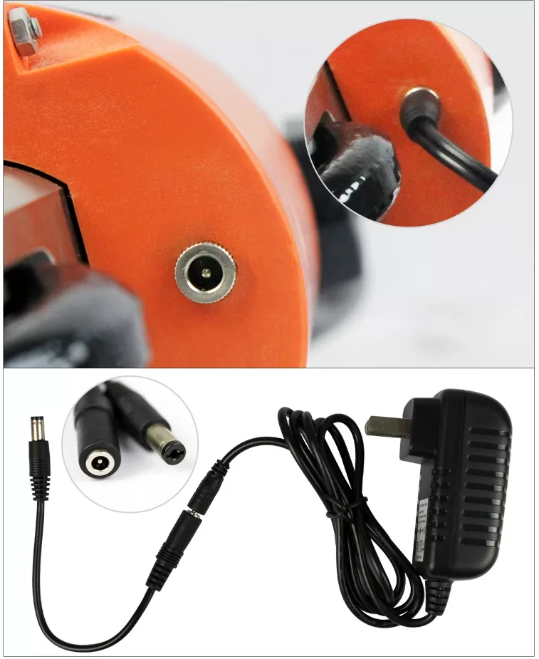 Ảnh cận cảnh cổng sạc và bộ sạc của một thiết bị màu cam.