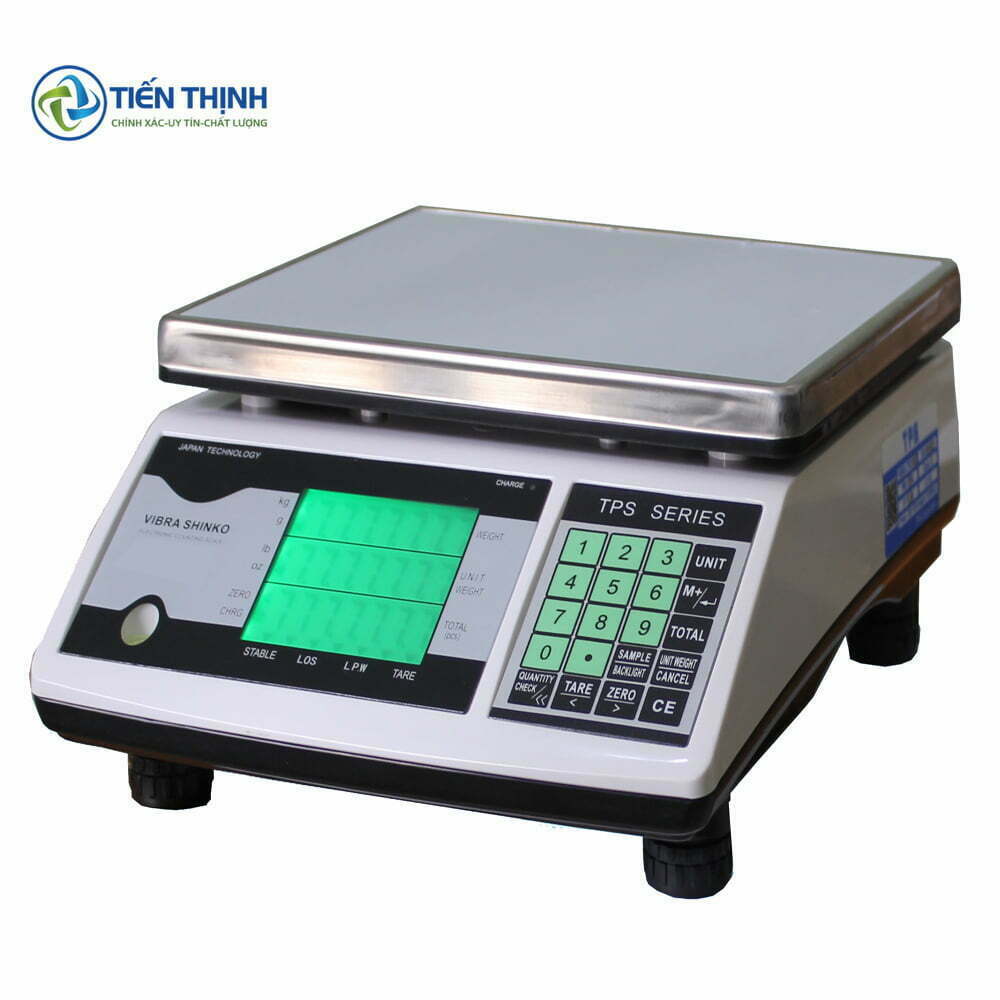 Cân điện tử TPS Series với màn hình xanh lục và bàn phím số.