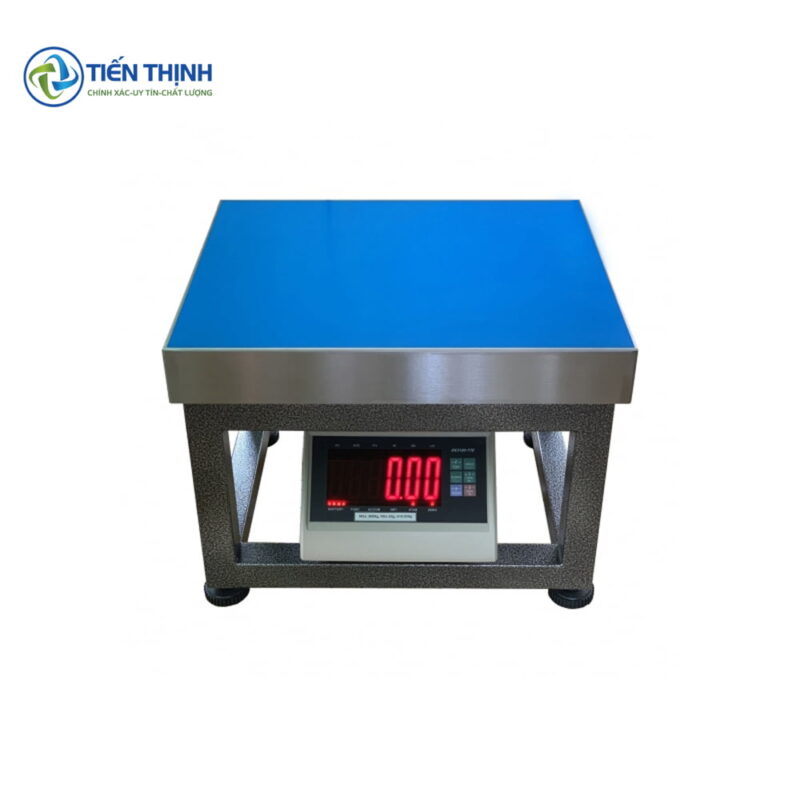 Cân điện tử bàn vuông màu xanh dương, thiết kế hiện đại, chắc chắn.