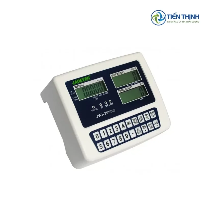 Cân điện tử Jadever JWI-3000C màu trắng, hiển thị số rõ ràng.