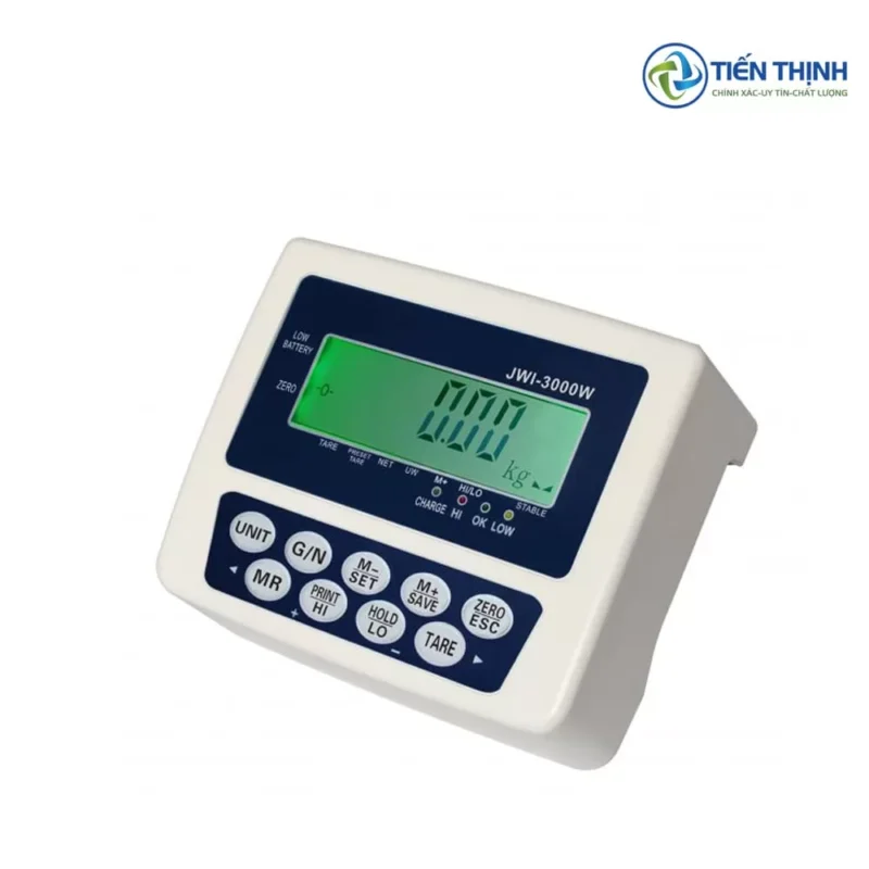 Màn hình cân điện tử JWI-3000W trắng, hiển thị số xanh, nhiều chức năng.