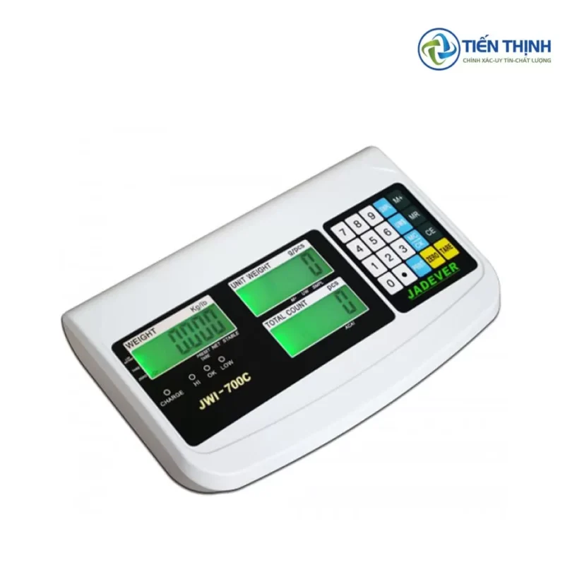 Cân điện tử Jadever JWI-700C trắng, có bàn phím số và màn hình xanh.