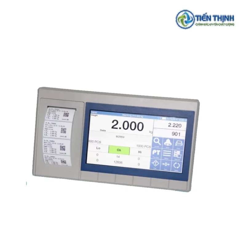 Cân điện tử kỹ thuật số với màn hình hiển thị và máy in tích hợp.