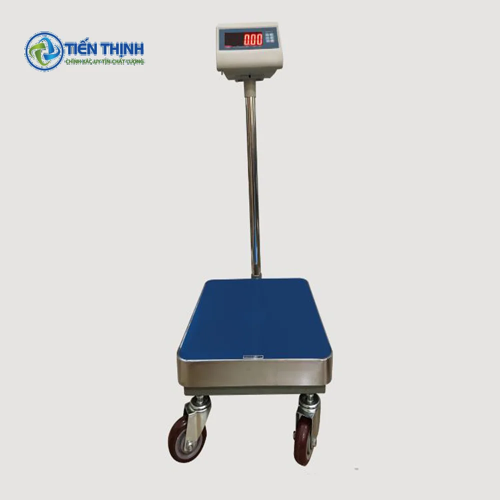 Cân điện tử có bánh xe, thiết kế nhỏ gọn, tiện lợi di chuyển.