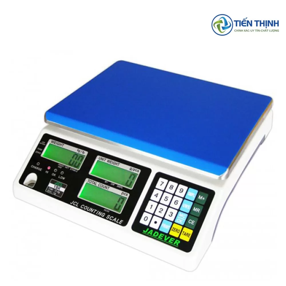 Cân đếm điện tử Jadever với bàn phím số và màn hình hiển thị rõ ràng.