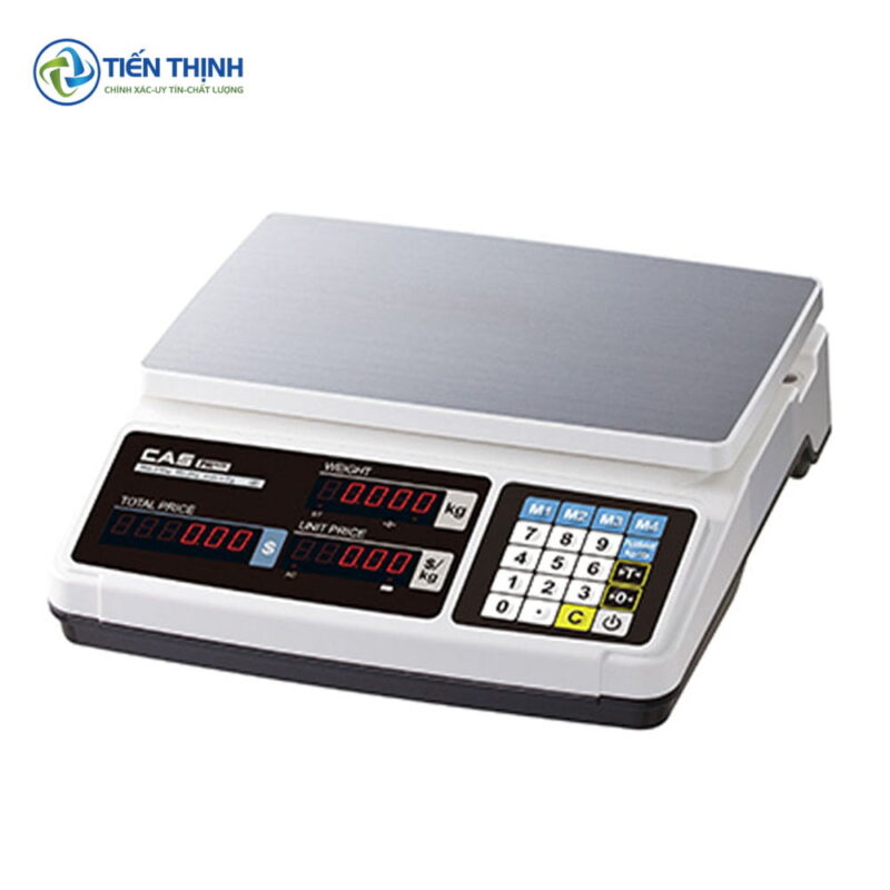 Cân điện tử mặt bàn trắng, hiển thị số rõ ràng để cân đo chính xác.