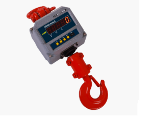 Cân treo cần cẩu kỹ thuật số với móc treo màu đỏ nổi bật.