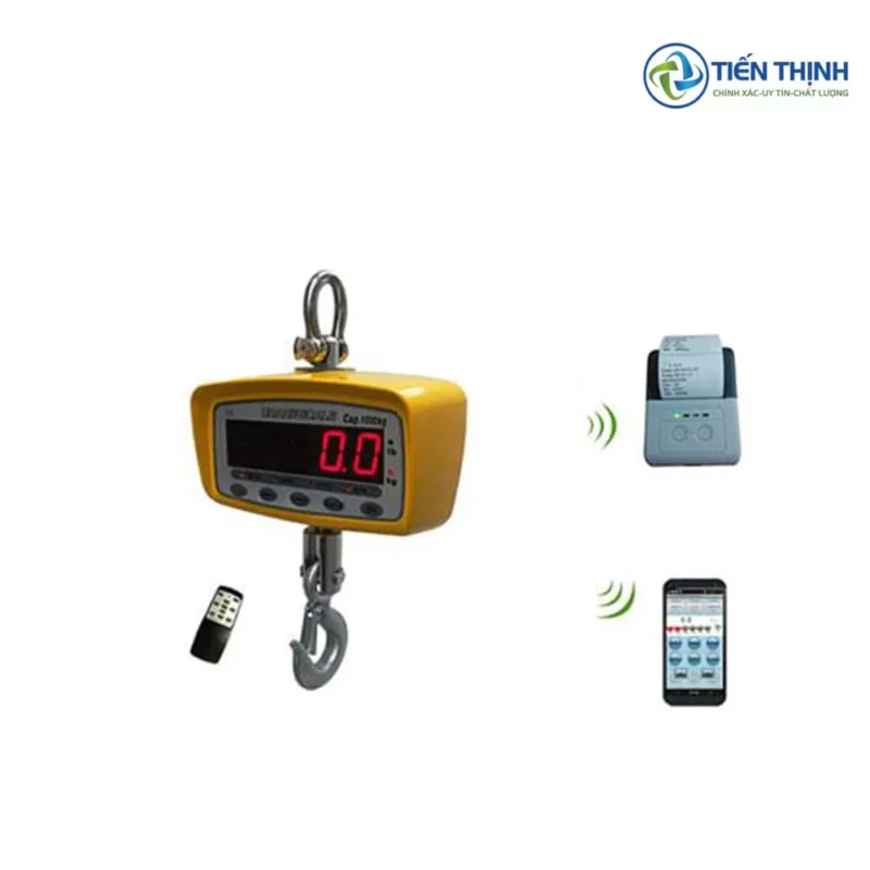 Cân treo điện tử màu vàng với các thiết bị kết nối không dây.