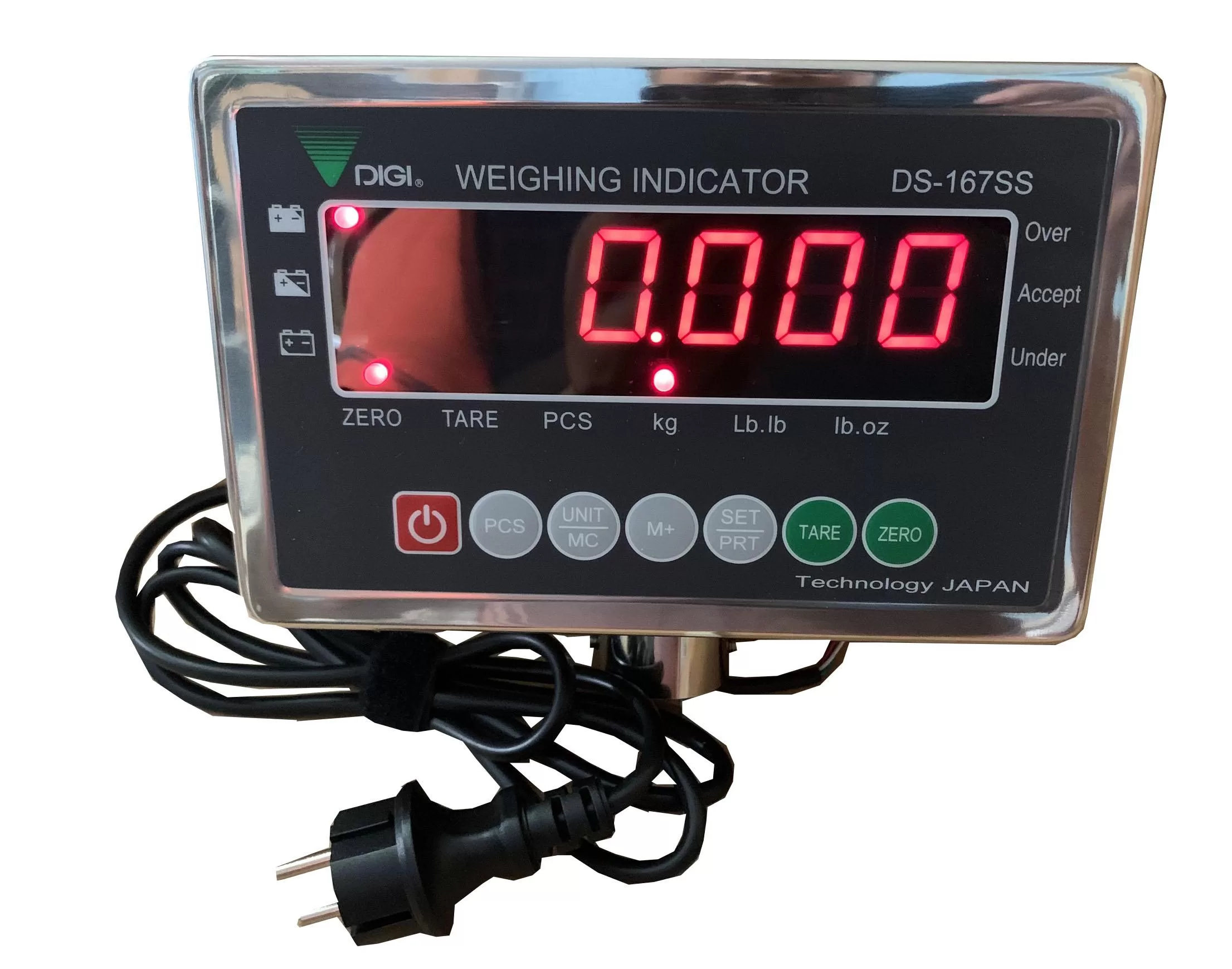 Màn hình cân điện tử kỹ thuật số, hiển thị số 0.000 màu đỏ nổi bật.