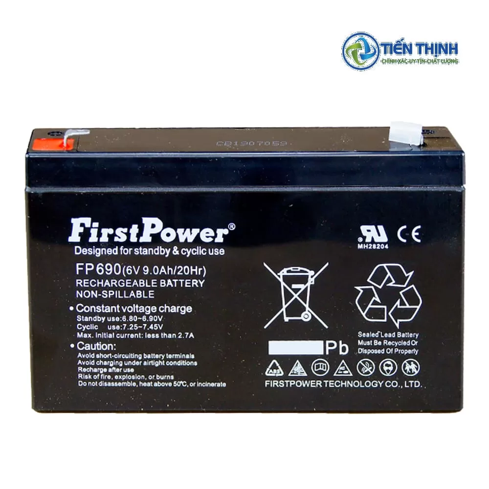 Pin FirstPower 6V 9Ah màu đen, dùng cho hệ thống dự phòng và sạc lại.