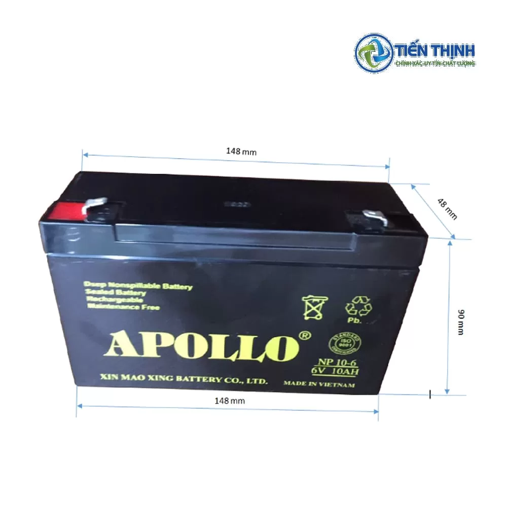 Bình ắc quy Apollo NP 10.6, 6V 10Ah, sản xuất tại Việt Nam.