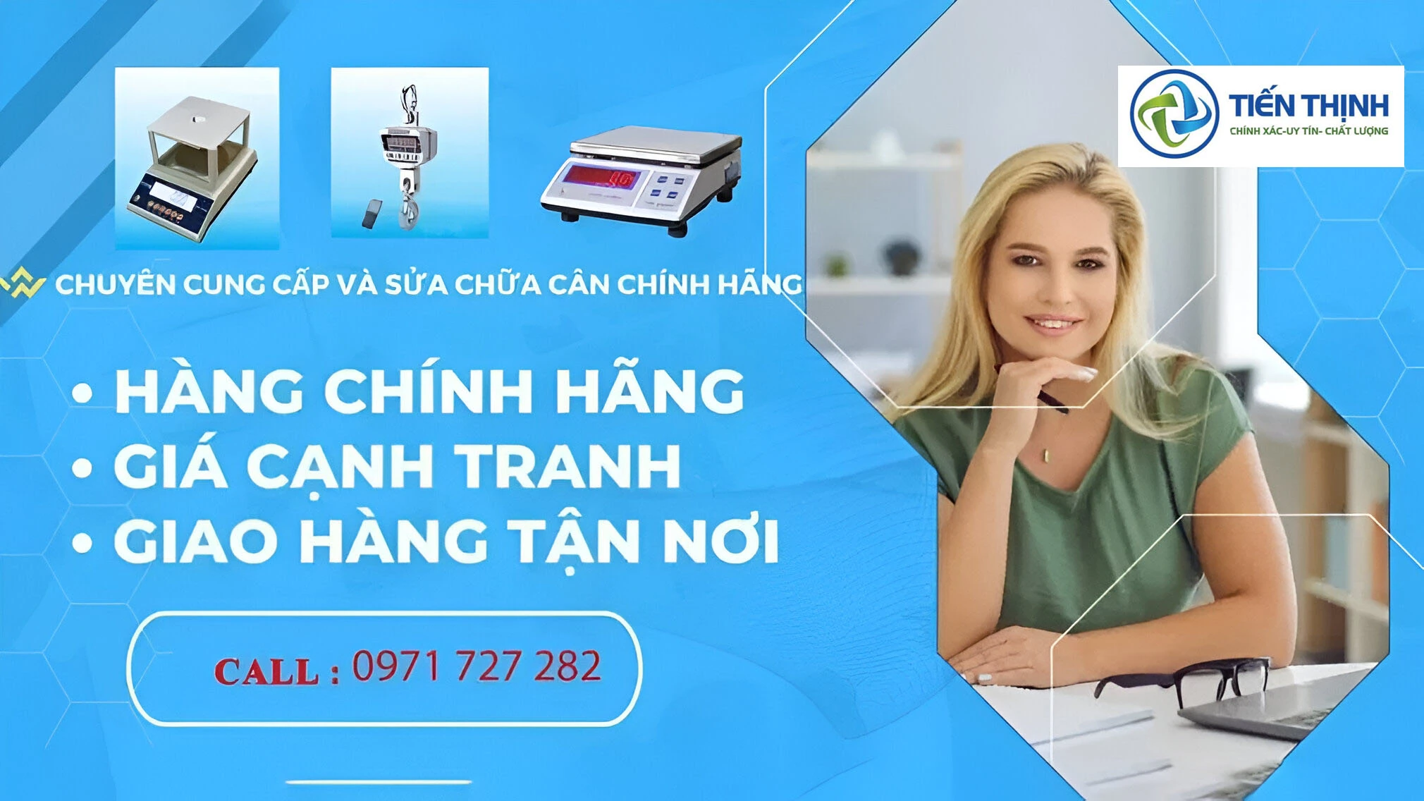 Quảng cáo cân điện tử Tiến Thịnh với hình ảnh cô gái tươi tắn.
